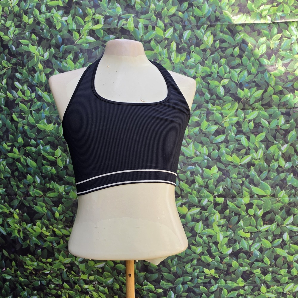Athleta Black Ribbed Longline Sports Bra Crop Top Women's Medium Low Impact